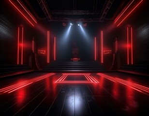 Big stage with red neon light luminance background.