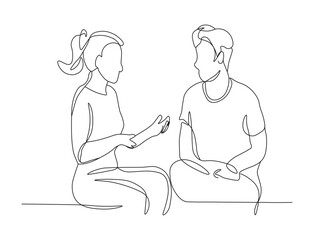 man and woman sitting on the table. Man and Woman Talking Continuous Line Art Minimalist Vector Illustration.