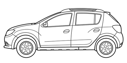 Outline drawing of a hatchback car from side view. Classic style. Vector outline doodle illustration. Design for print or color book