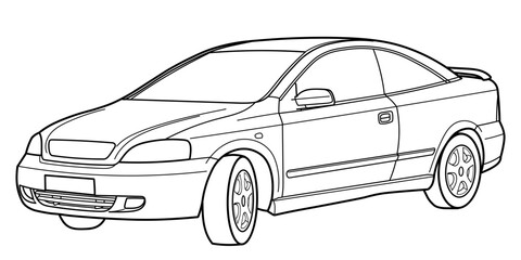 Сlassic sport coupe car from 90s, 00s, 3d side view. Different five view shot - front, rear, side and 3d. Outline doodle vector illustration