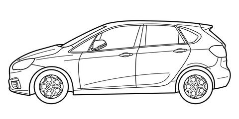 Classic family minivan bus car or compact van. Side view shot. Outline doodle vector illustration	
