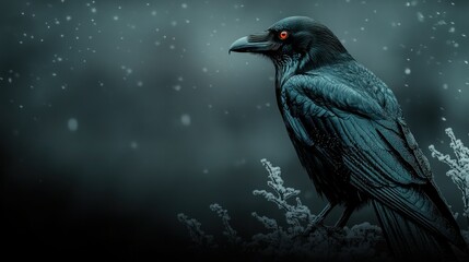 Fototapeta premium Raven perched, snowy winter forest backdrop