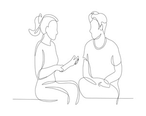 man and woman sitting on the table. Man and Woman Talking Continuous Line Art Minimalist Vector Illustration.