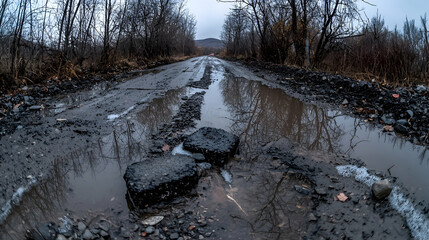 Muddy road autumn landscape, puddles reflecting trees, rural area