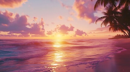 Stunning beach sunset palm trees golden sky peaceful waves paradise