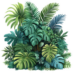 lush green tropical plants bushes isolated on transparent background, PNG