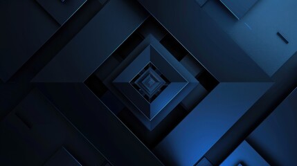 Fototapeta premium Dynamic Blue squares and triangles on a dark background. Geometric design for banner template with white space in the center for text. Simple modern wallpaper with copy space.