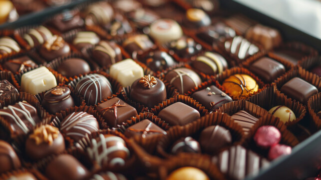 close-up chocolate box assorted shapes intricate details blurred background elegant design