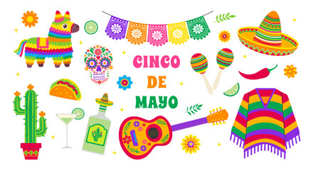 The image is a vibrant display of Mexican culture, featuring a guitar, a sombrero, and a cactus. The title "Cinco de Mayo" is written in bold letters, emphasizing the significance of the holiday