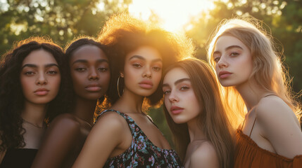 A diverse group of model woman, standing together in soft golden light. Natural beauty, warm and inspiring atmosphere. An audition or casting for a model. Generative AI.