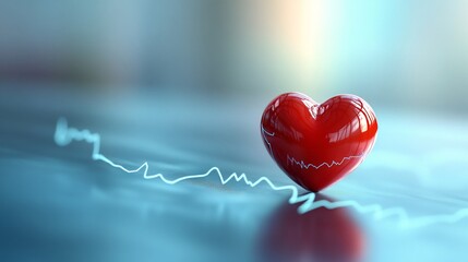 Vibrant red heart rests gently atop calming blue ECG line. AI Generated