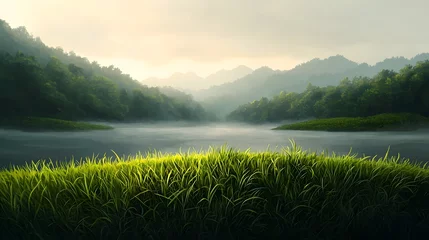 Lush verdant landscape with a grassy edge overlooking a serene natural scene featuring a calm lake or stream surrounded by towering mountains shrouded in atmospheric mist and golden sunlight