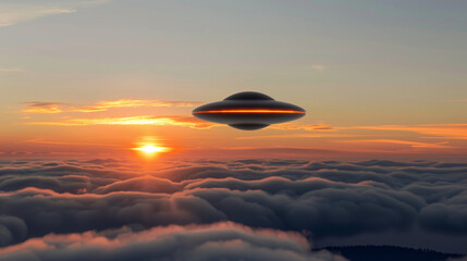 flying saucer ufo hovering clouds sunset mysterious extraterrestrial spacecraft sighting