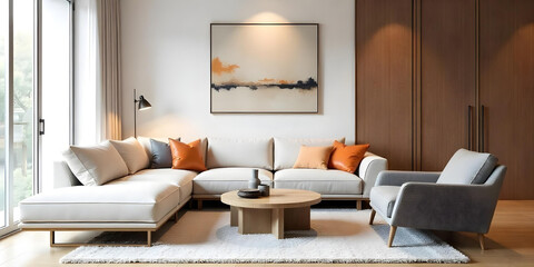 Modern living room featuring a light-colored sofa with orange and gray cushions, a round coffee table with decorative items , and a gray armchair. The walls are a mix of white and dark wood , with a p