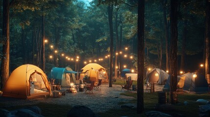 Night camping scene in a forest with tents, lights, and campfire.