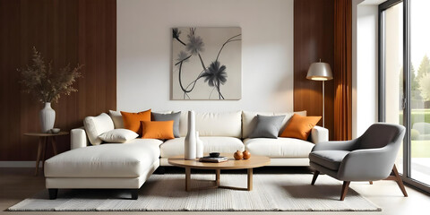 Modern living room featuring a light-colored sofa with orange and gray cushions, a round coffee table with decorative items , and a gray armchair. The walls are a mix of white and dark wood , with a p
