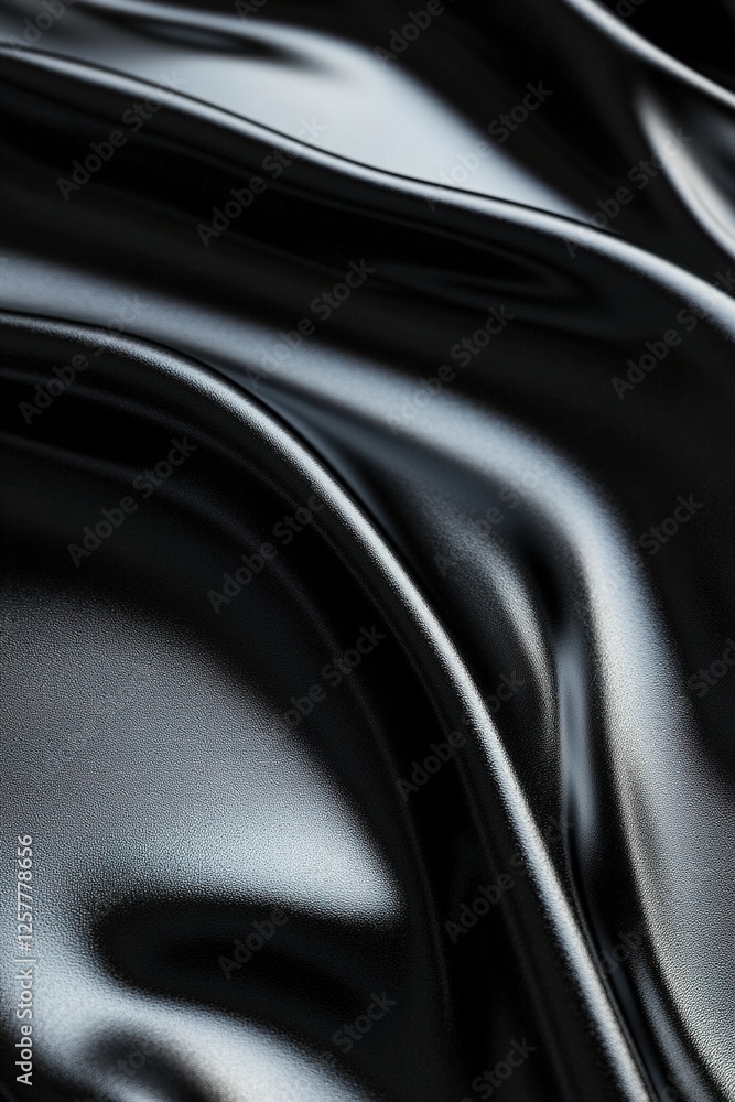 Poster black leather surface flows into soft, wave-like textures, characterized by high-gloss highlights cr