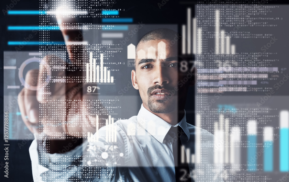Poster businessman, hand and statistics with overlay for futuristic interaction, innovation or technology a