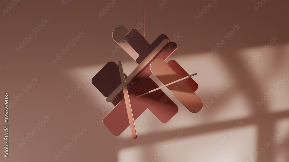 Poster abstract modern art installation with geometric shapes hanging against a muted brown background, cas