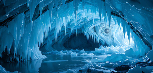 Inside a mesmerizing ice cave, with glistening ice formations, translucent blue walls, and soft light filtering through.