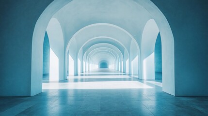 Long arched corridor with bright sunlight piercing through from the distance