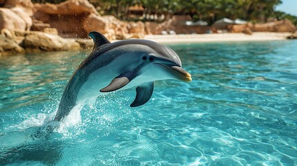 Dolphin gracefully leaps out of crystal-clear water near a sandy beach, with lush greenery