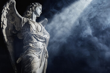 Obraz premium Goddess of victory Nike (Victoria). Marble statue against black background. Ancient Greek and Roman mythology. Horizontal image.