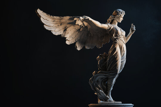 Goddess of victory Nike (Victoria). Marble statue against dark background. Ancient Greek and Roman mythology.