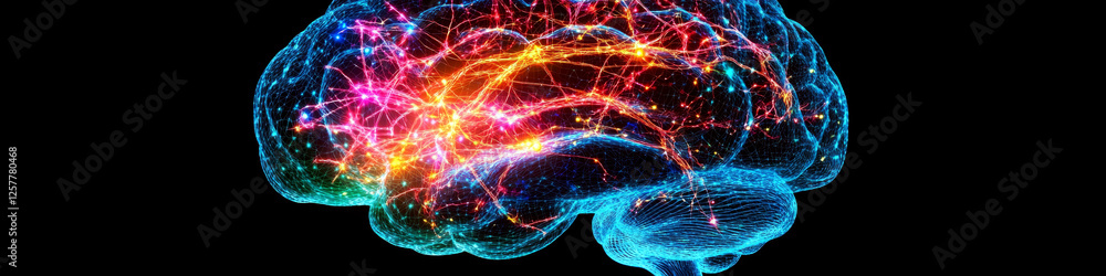 Poster a neon-colored digital brain on a black background shows vibrant neural connections. concept of brai