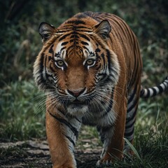 Obraz premium A tiger prowling towards the viewer, eyes locked in an intense gaze.