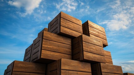 A stack of wooden crates against a bright blue sky, showcasing their textured surface and rustic appeal.