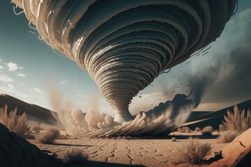 A massive sandstorm, a colossal swirling vortex of dust and sand engulfs a desert landscape.
