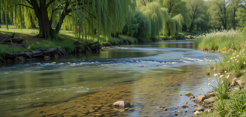 A tranquil riverbank with clear water flowing gently, surrounded by willow trees and wildflowers, creating a perfect spot for quiet reflection.