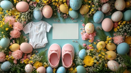 Vibrant Easter Flatlay with Baby Shoes and Colorful Eggs and Flowers