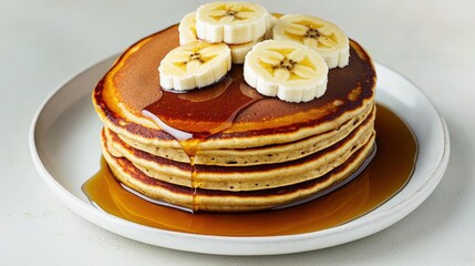 Gluten ingredients and digestive, A delicious stack of fluffy pancakes topped with banana slices and drizzled with syrup, served on a white plate.