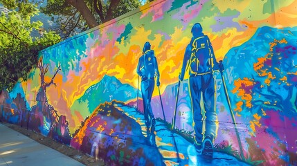 A vibrant mural of two friends hiking up a mountain, painted on a wall with a nature trail mockup on the side.