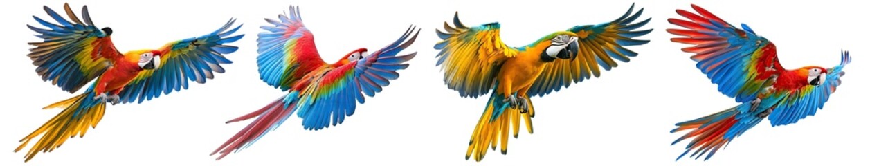 Fototapeta premium Set of colorful parrots flying with wide-spread wings, isolated on transparent cutout background