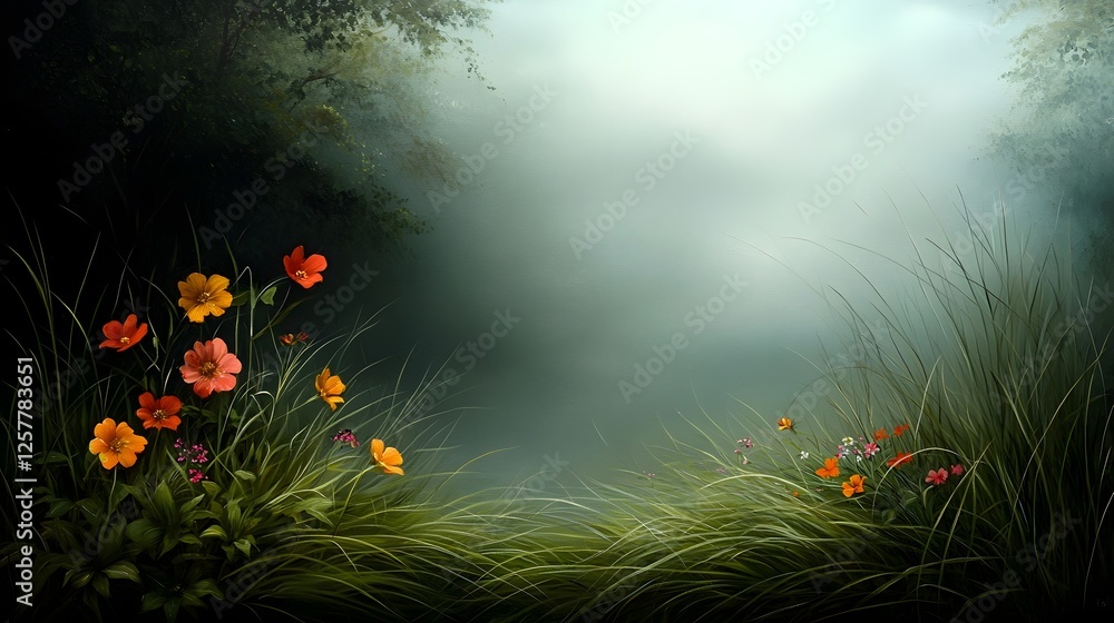 Aufkleber lush and verdant foliage frames a vibrant array of wildflowers in this serene impressionistic countr