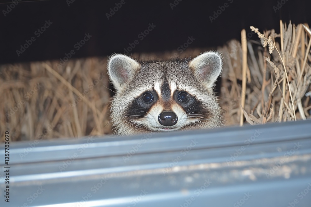 Aufkleber raccoon peeks through a storage box in a rustic outdoor setting during daylight hours