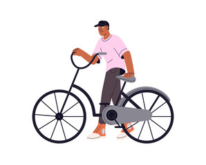 Obraz premium Young man cycling, rolls rental bike. Happy boy goes near bicycle while walk. Bicyclist does sport at ride. Cyclist, rider with transport. Flat isolated vector illustration on white background