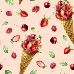 Seamless pattern with crispy waffle cone for ice cream full of strawberry, raspberry, cherry. Hand painting sweet watercolor illustration isolated on background. For designers, menu, shop, decoration