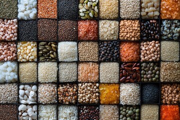 Assortment of Seeds, Grains, and Legumes in a Grid Pattern