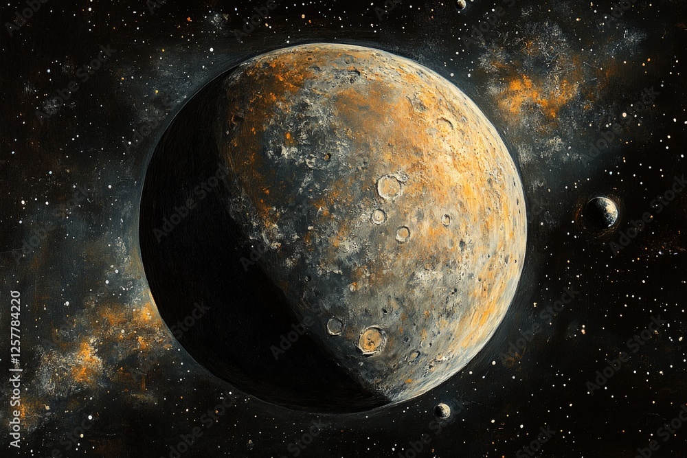Poster Artistic representation of a celestial body with moons and distant stars in a cosmic setting