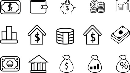 A finance icon set featuring modern vector symbols for banking, investments, budgeting, transactions, and financial growth. Perfect for websites, apps, reports, and presentations, these icons enhance 