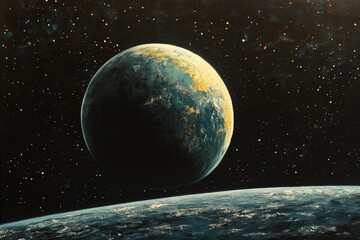 Celestial landscape depicting a vibrant planet and distant stars in the galaxy at night