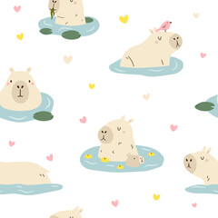 Seamless pattern with cute swimming capybara characters. Funny animals in water. Colorful design for clothing, gift boxes, wrapping paper, wallpaper