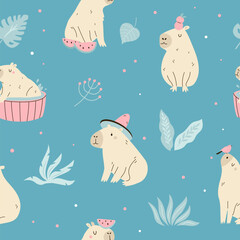 Seamless pattern with cute capybara characters. Funny animals design. Colorful design for clothing, gift boxes, wrapping paper, wallpaper