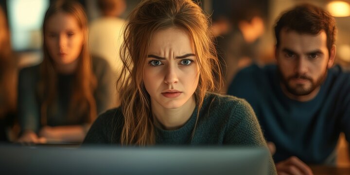 Stressed, Young Woman at Computer With Concerned Colleagues in Busy Office Environment