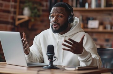 A Black man wearing a white hoodie is sitting at a table in front of a laptop and talking into a microphone, likely for a podcast or video call, while making gestures with his hands. The man is lookin