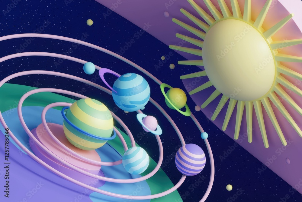 Poster a stylized 3d rendering of a solar system with pastel-colored planets orbiting a sun.
